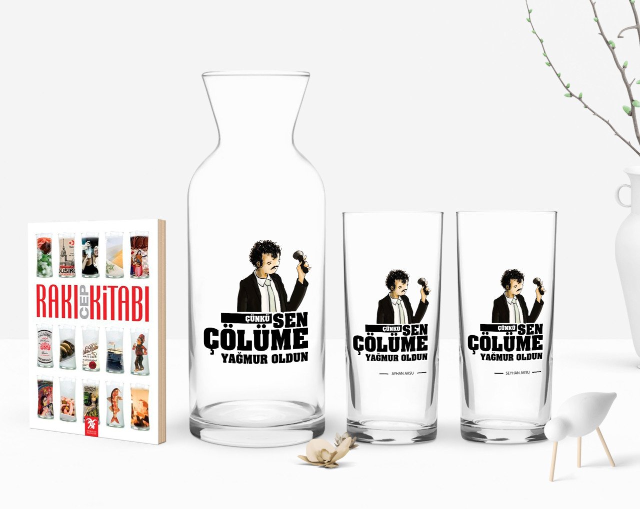 Kişiye Özel Renkli Baskılı Çünkü Sen Çölüme Yağmur Oldun Tasarımlı İkili Rakı Bardağı Karaf ve Cep Kitabı Hediye Seti-3