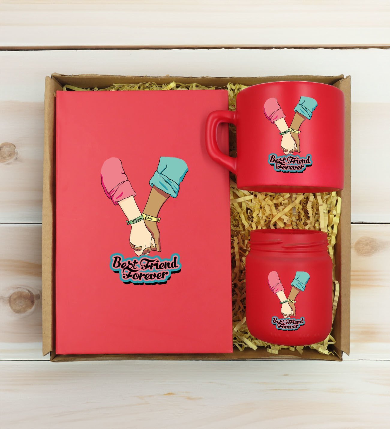 BK Gift Kişiye Özel İsimli DTF Best Friend Temalı Kırmızı Defter & Kahve Fincanı & Mum Hediye Seti-5, Arkadaşa Hediye, Doğum Günü Hediyesi