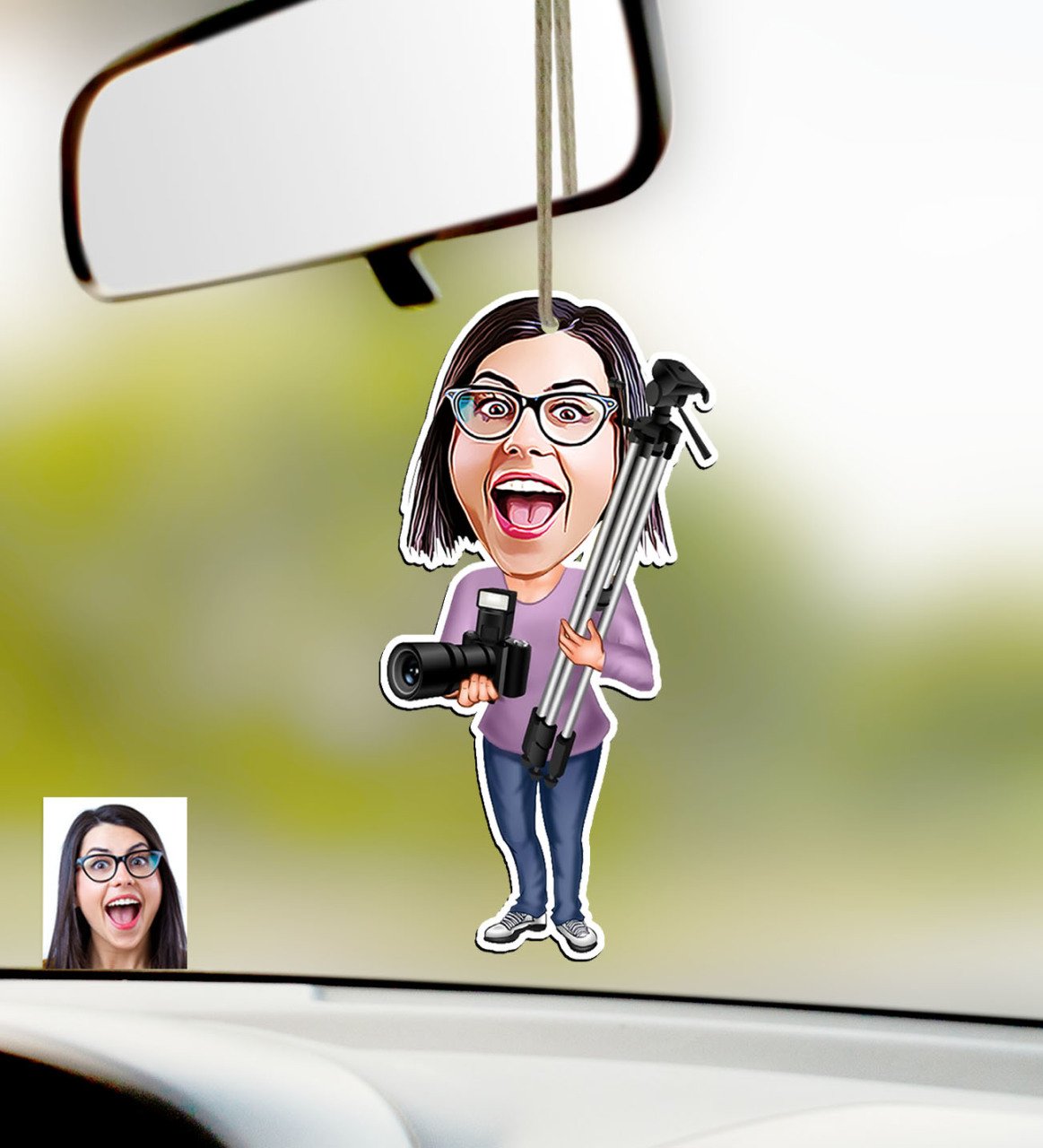 Kişiye Özel Bayan Profesyonel Fotoğrafçı Karikatürlü Ahşap Araba Dikiz Ayna Süsü