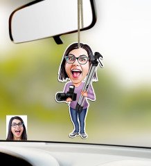 Kişiye Özel Bayan Profesyonel Fotoğrafçı Karikatürlü Ahşap Araba Dikiz Ayna Süsü