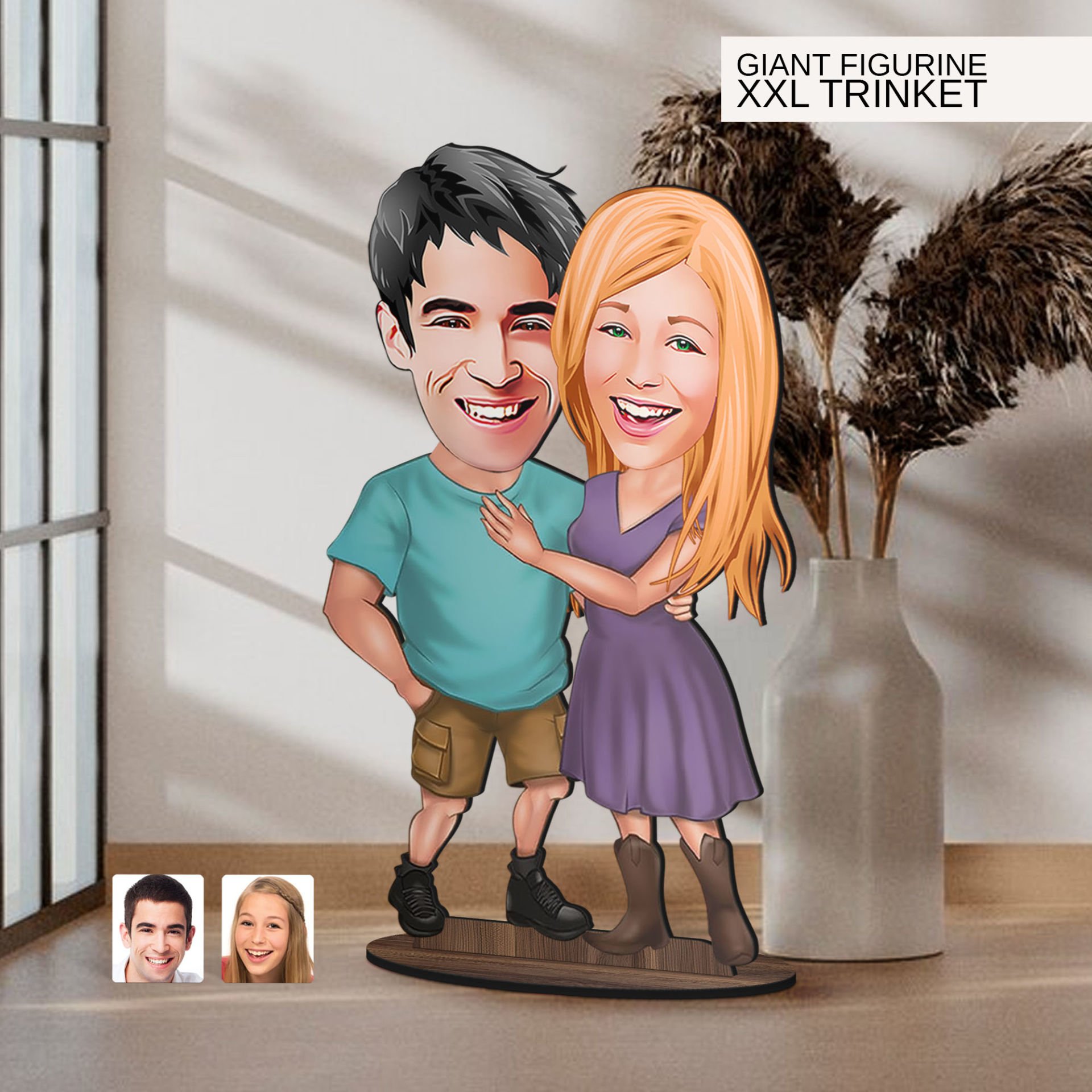 BK Gift Kişiye Özel Sevgililer Karikatürlü Büyük Boy Ahşap Biblo-80 Arkadaşa Hediye , Sevgiliye Hediye, Kişiye Özel Biblolar