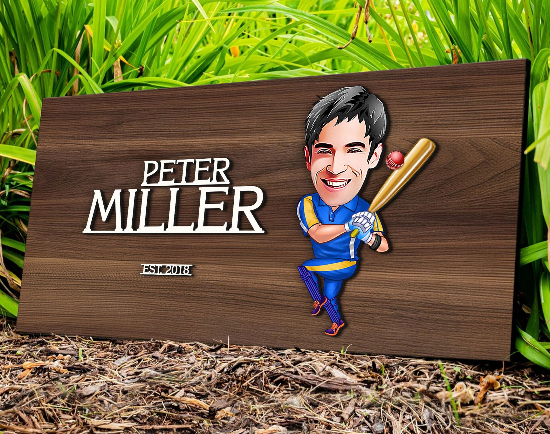 BK Gift Kişiye Özel Erkek Beyzbolcu Karikatürlü Kabartma Tasarım Antik Ceviz Ahşap Tabela-1, Dekoratif Tabela, Rustik Ev Dekorasyonu, Duvar Dekoru