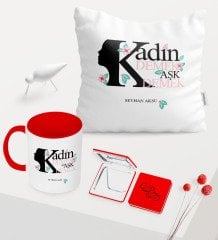 Kadınlar Gününe Özel Kırmızı Kupa Ayna Yastık Seti - 2