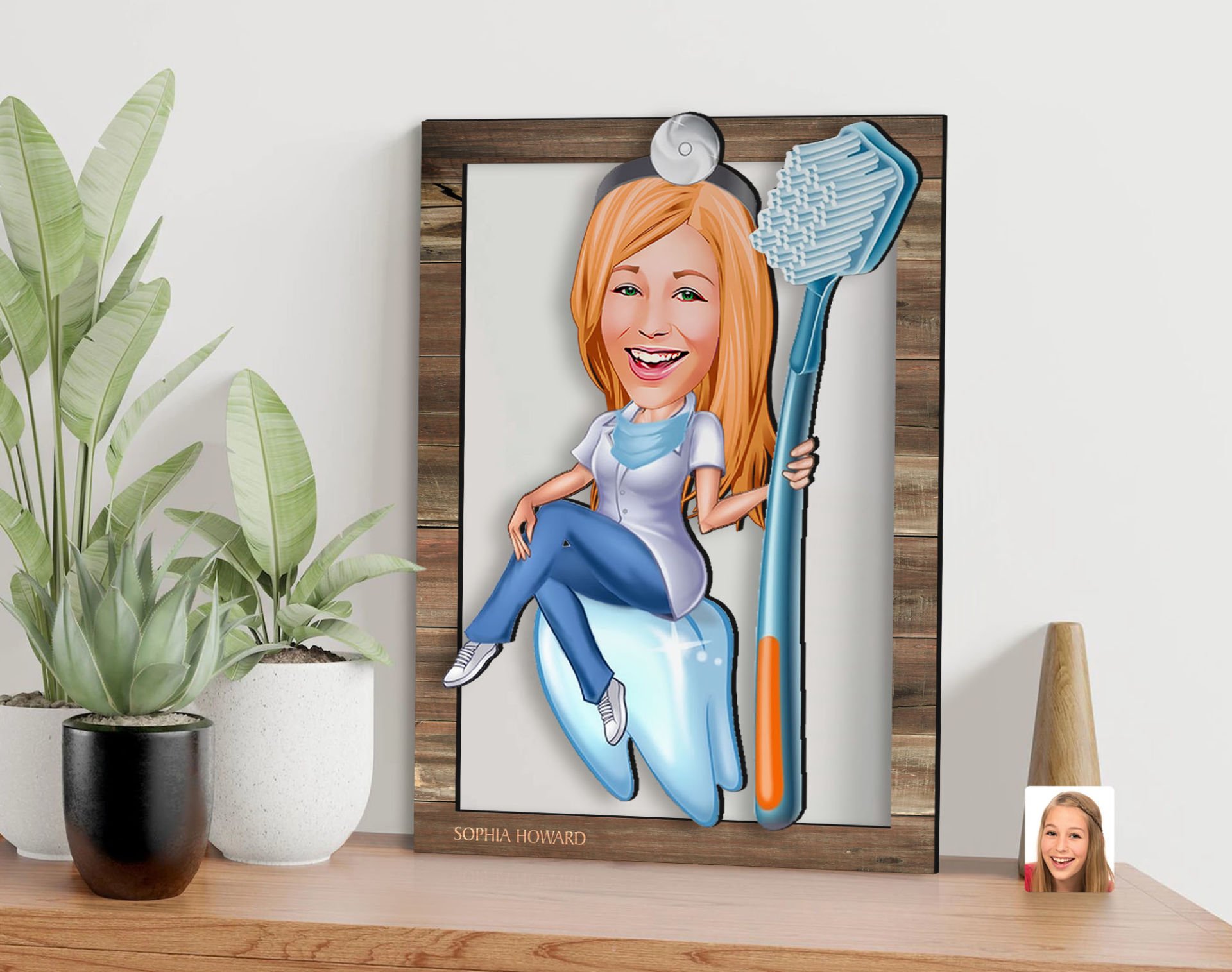 BK Gift Kişiye Özel Kadın Diş Hekimi Karikatürlü 3D Ahşap Tablo, Sevgiliye Hediye, Arkadaşa Hediye, Yıl Dönümü Hediyesi, Doğum Günü Hediyesi-2
