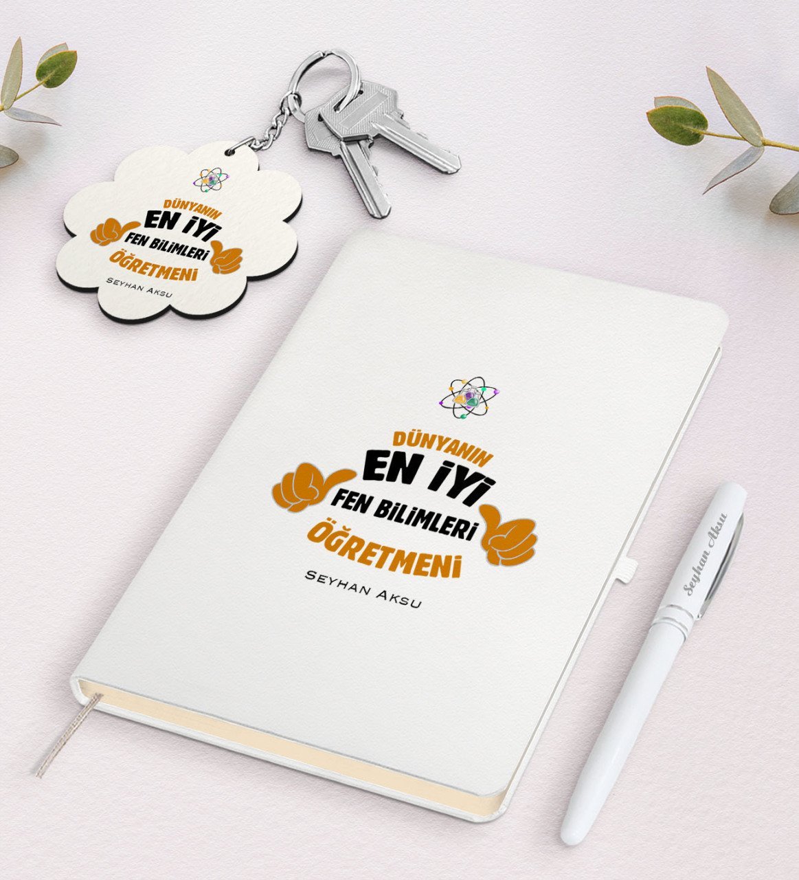Kişiye Özel Fen Bilimleri Öğretmeni Beyaz Defter Kalem Ve Anahtarlık Hediye Seti-1
