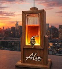 BK Gift Kişiye Özel İsimli LED Işıklı Ahşap İçecek Dispenseri – Musluklu Işıklı Bar Standı