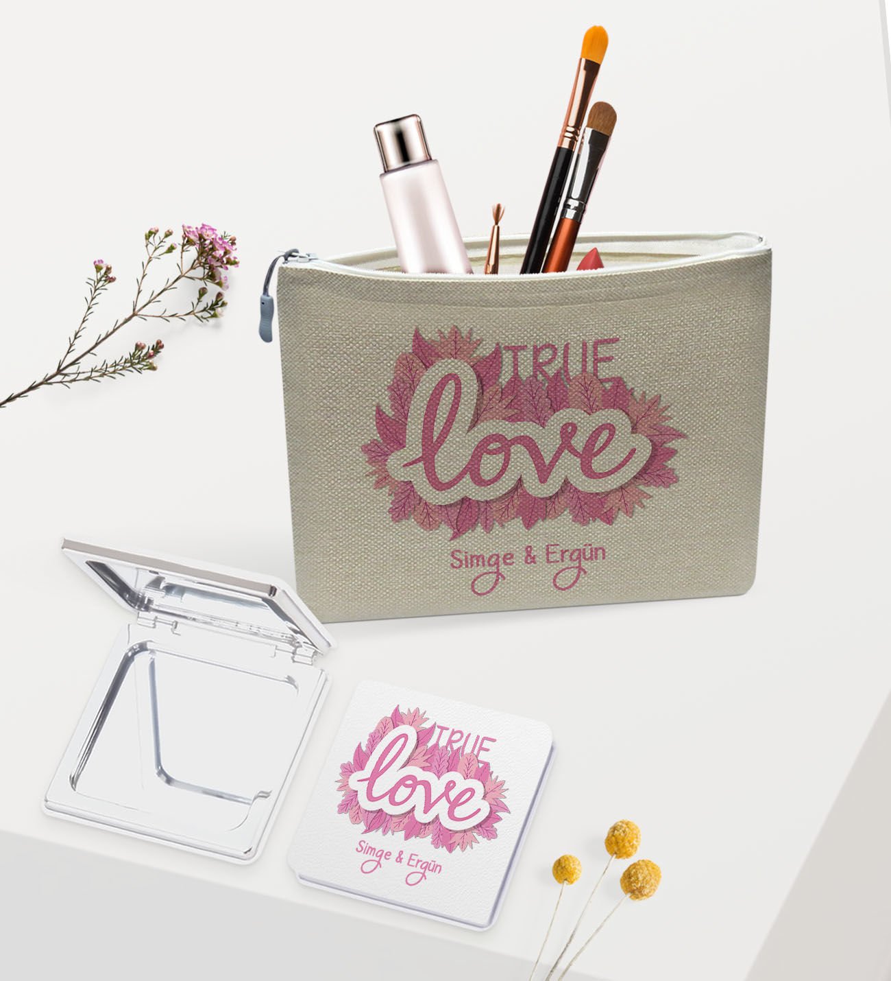 BK Gift Kişiye Özel Keten Makyaj Çantası ve Ayna Seti, Sevgiliye Hediye, Sevgililer Günü Hediyesi, Doğum Günü Hediyesi-9