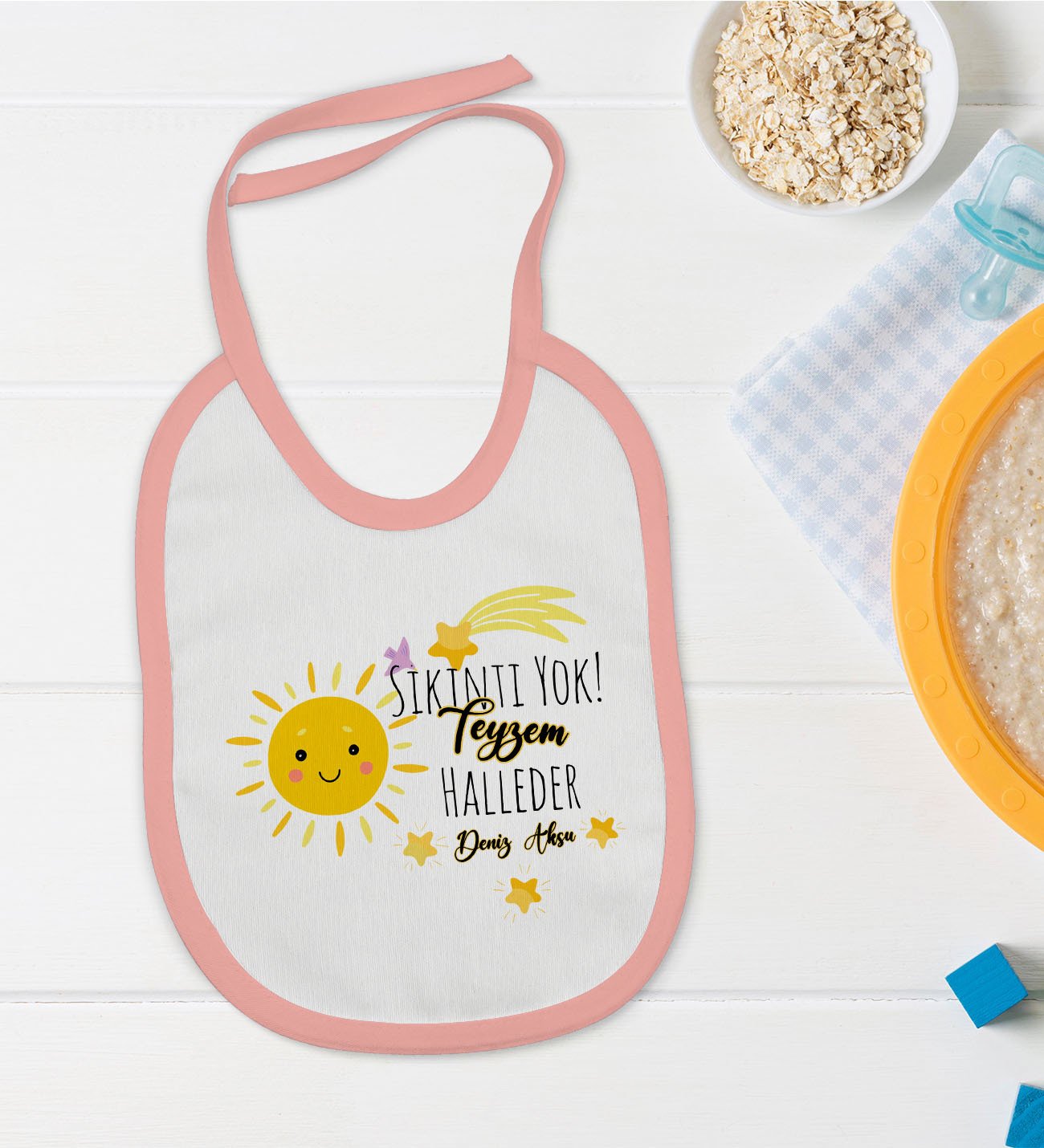 BK Kids Kişiye Özel Pembe Bebek Mama Önlüğü - Model 56