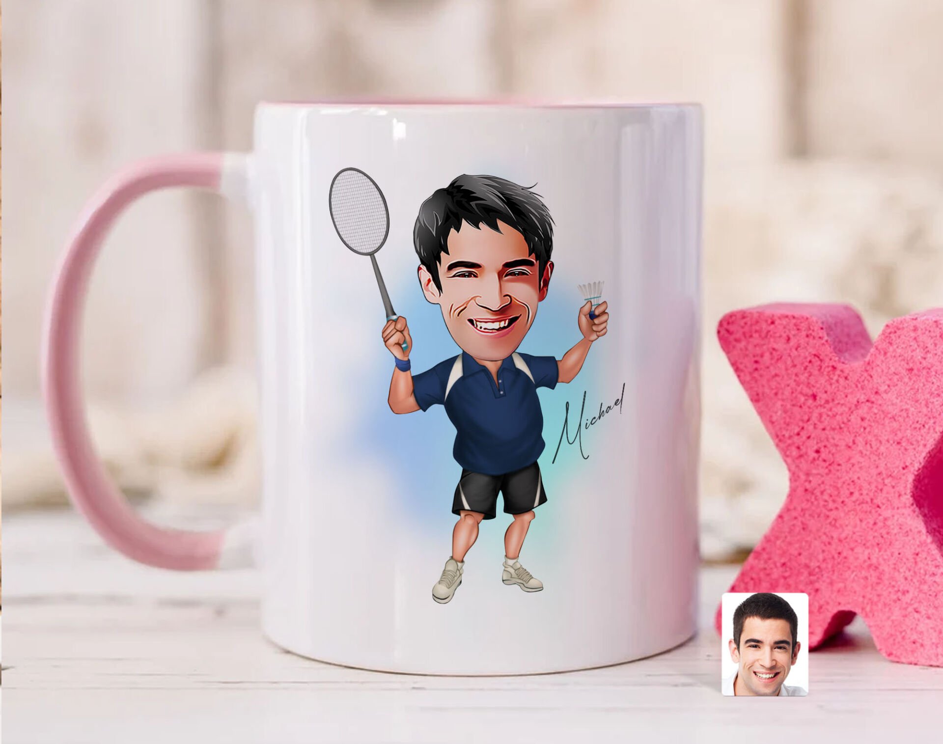 Bk Gift Kişiye Özel Badminton Karikatürlü Pembe Kupa Bardak-1, Sevgiliye Hediye, Arkadaşa Hediye