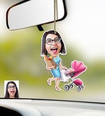 Kişiye Özel Ev Hanımı Karikatürlü Ahşap Araba Dikiz Ayna Süsü-1