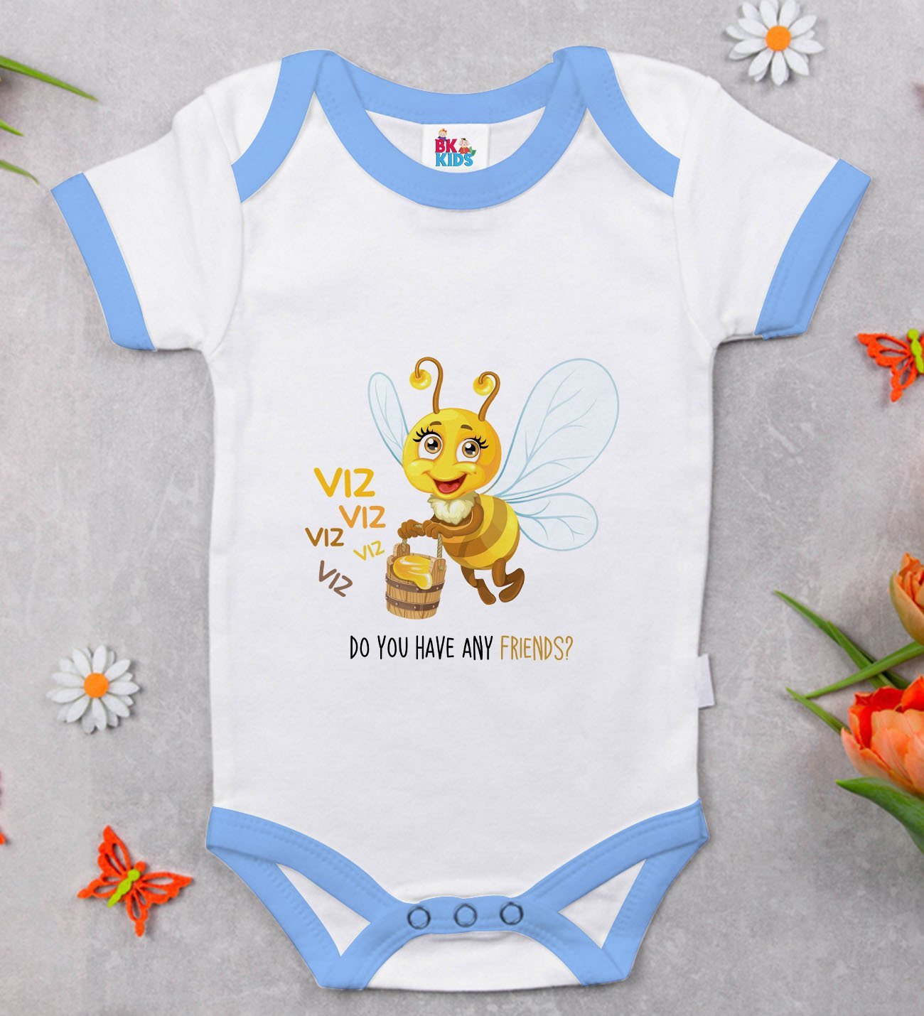 BK Kids Sevimli Arı Tasarımlı Mavi Bebek Body Zıbın-1