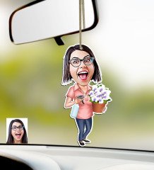 Kişiye Özel Ev Hanımı Karikatürlü Ahşap Araba Dikiz Ayna Süsü-2