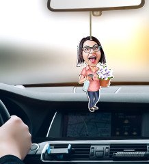 Kişiye Özel Ev Hanımı Karikatürlü Ahşap Araba Dikiz Ayna Süsü-2