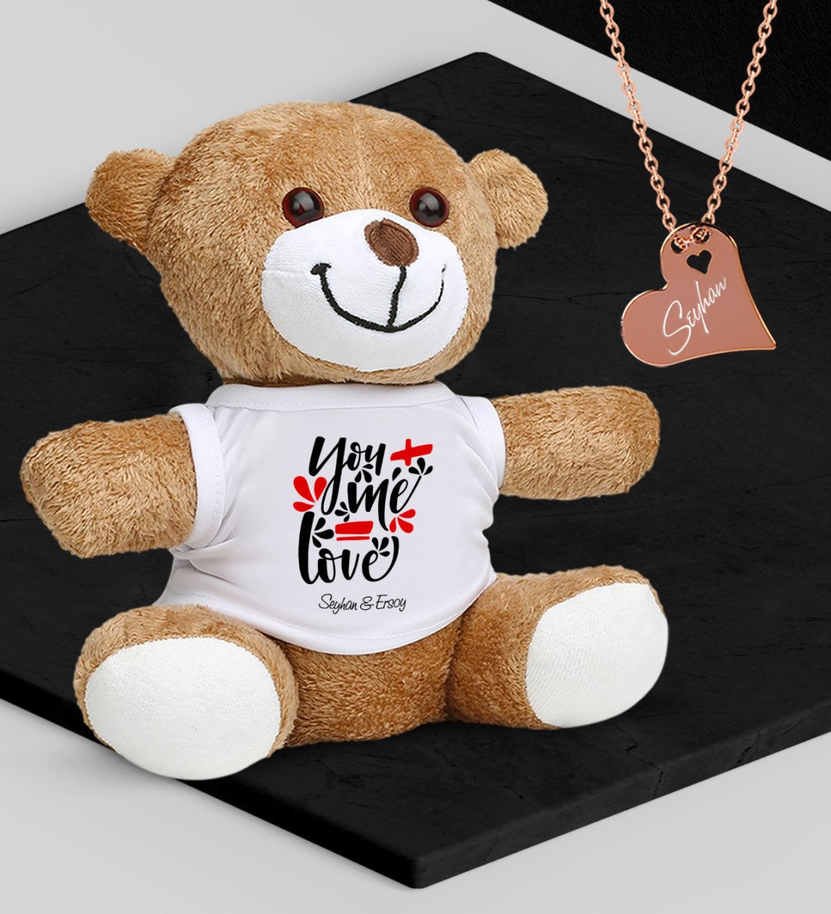 Kişiye Özel Sevgililer Temalı Peluş Ayıcık ve Rose Kalp Kolye Set - 79