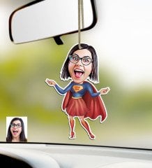 Kişiye Özel Süper Anne Karikatürlü Ahşap Araba Dikiz Ayna Süsü-2