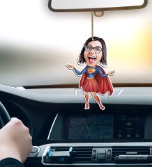 Kişiye Özel Süper Anne Karikatürlü Ahşap Araba Dikiz Ayna Süsü-2