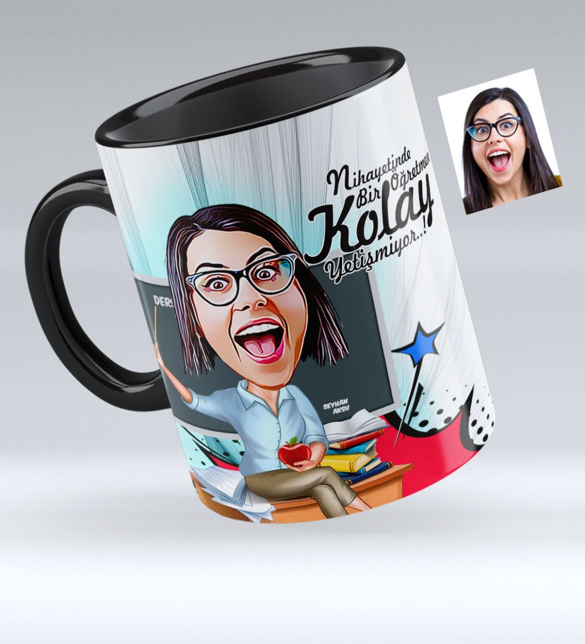 Kişiye Özel Bayan Öğretmen Karikatürlü Siyah Kupa Bardak - 2