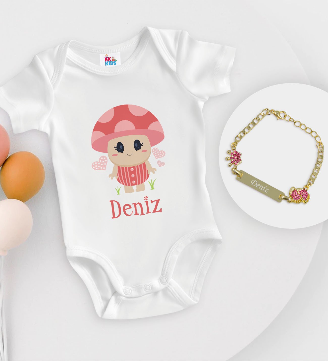 BK Kids Kişiye Özel İsimli Beyaz Bebek Body Zıbın ve Kız Bebek Künyesi Hediye Seti-10