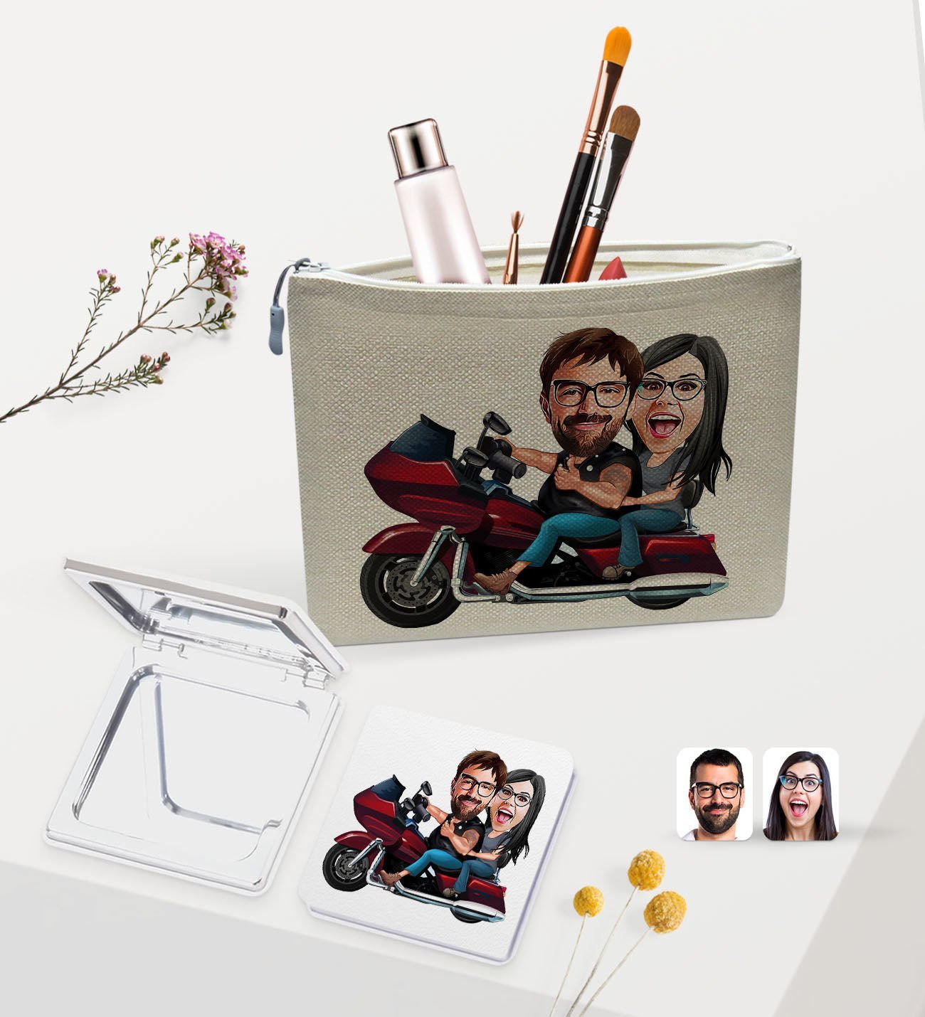 BK Gift Kişiye Özel Sevgililer Karikatürlü Keten Makyaj Çantası ve Ayna Seti, Sevgiliye Hediye, Sevgililer Günü Hediyesi, Doğum Günü Hediyesi-1