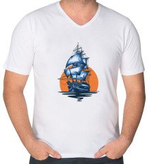 BK Gift Gemi Tasarımlı V Yaka Tişört-1
