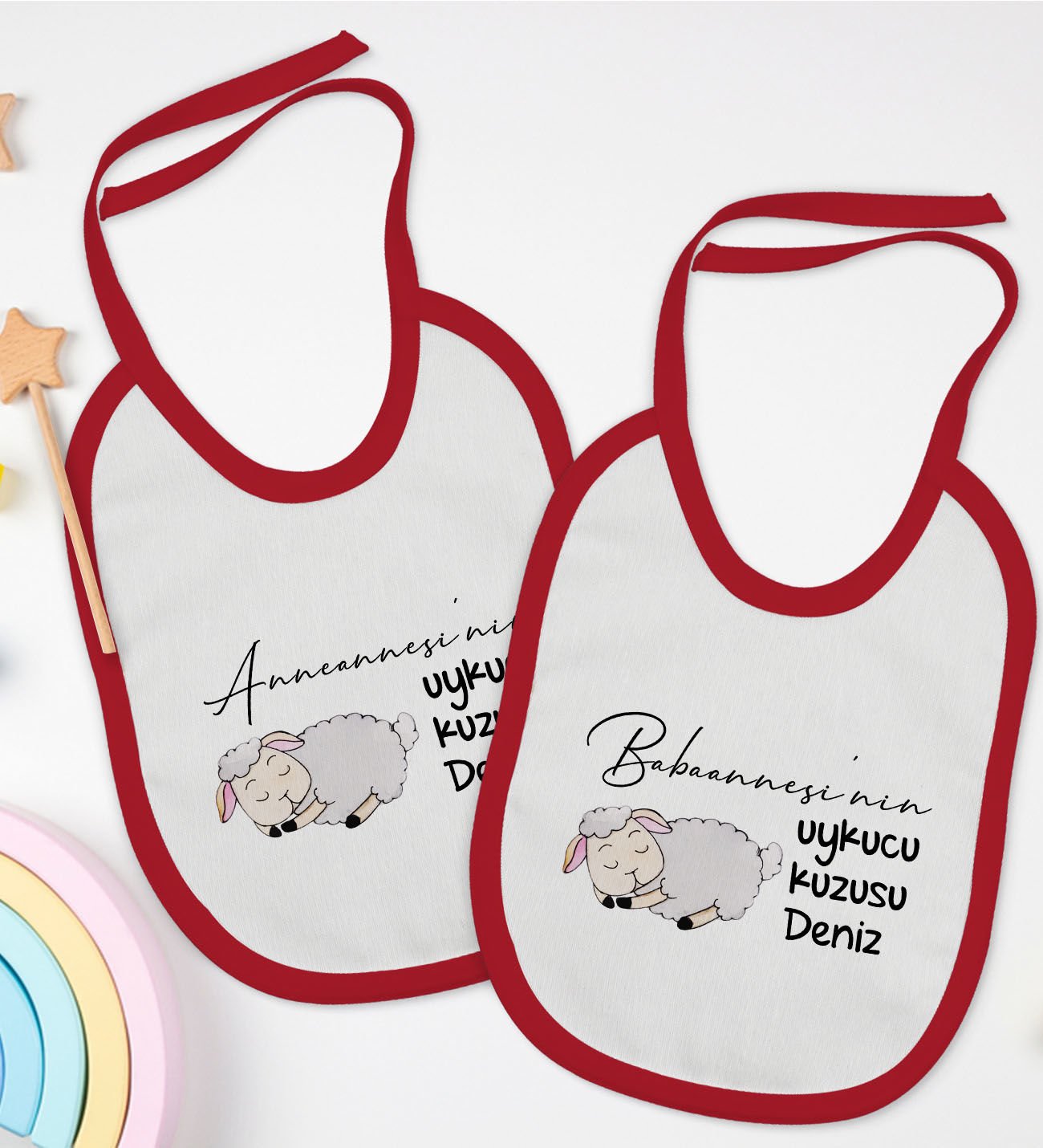 BK Kids Kişiye Özel Anneanne ve Babaanne Tasarımlı 2’li Kırmızı Mama Önlüğü-2
