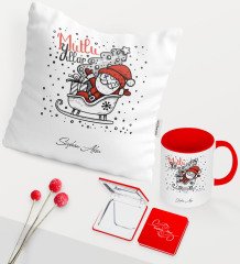 Kişiye Özel Yılbaşı Noel Baba Temalı Kırmızı Kupa Ayna Yastık Seti - 5