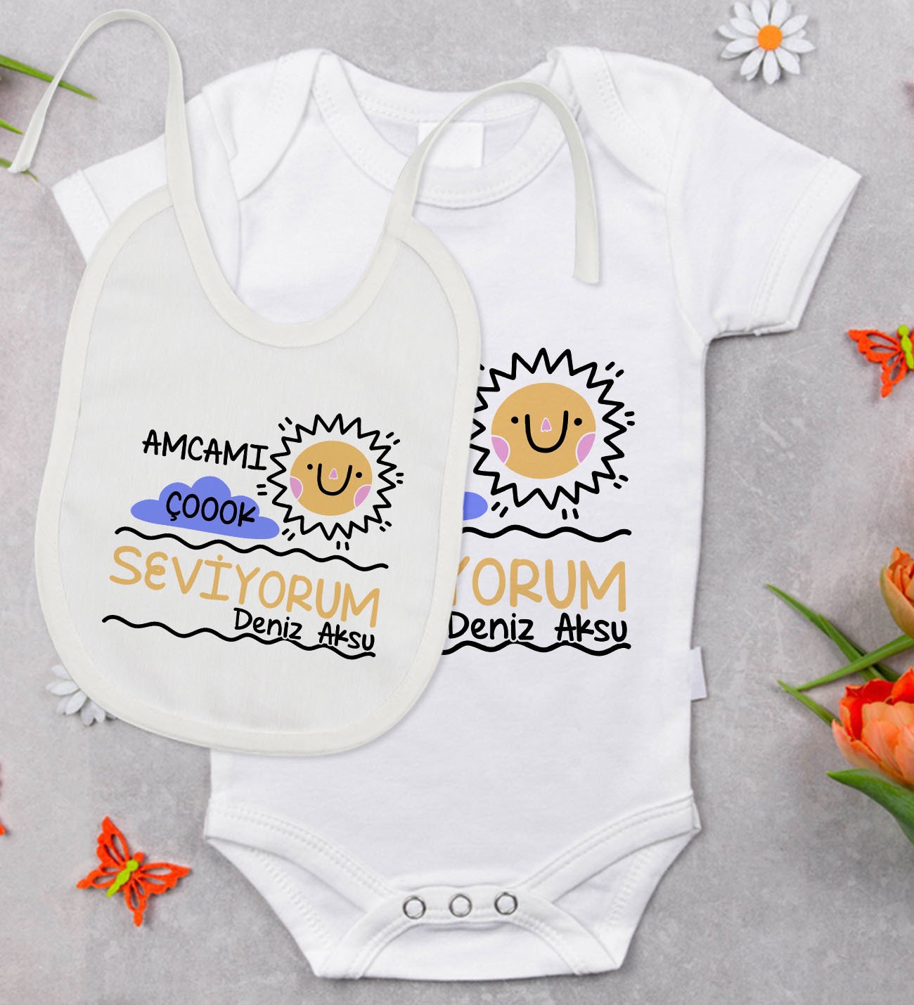 BK Kids Kişiye Özel Amcamı Çok Seviyorum Tasarımlı Bebek Body Zıbın ve Mama Önlüğü Hediye Seti - Model 1