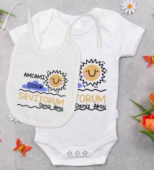 BK Kids Kişiye Özel Amcamı Çok Seviyorum Tasarımlı Bebek Body Zıbın ve Mama Önlüğü Hediye Seti - Model 1