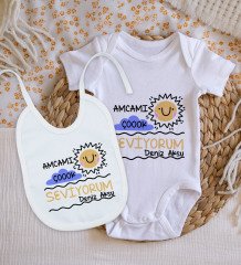 BK Kids Kişiye Özel Amcamı Çok Seviyorum Tasarımlı Bebek Body Zıbın ve Mama Önlüğü Hediye Seti - Model 1