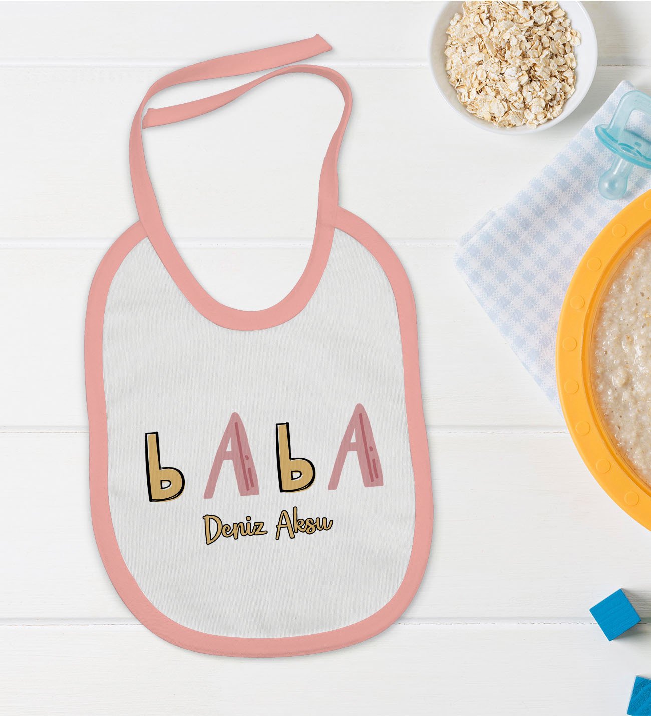 BK Kids Kişiye Özel Pembe Bebek Mama Önlüğü - Model 61