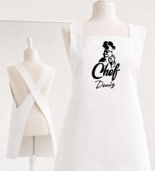 BK Gift Kişiye Özel İsimli Çapraz Askılı Beyaz Mutfak Önlüğü - 2, Aşçı Önlüğü, Şef Önlüğü, Anneye Hediye