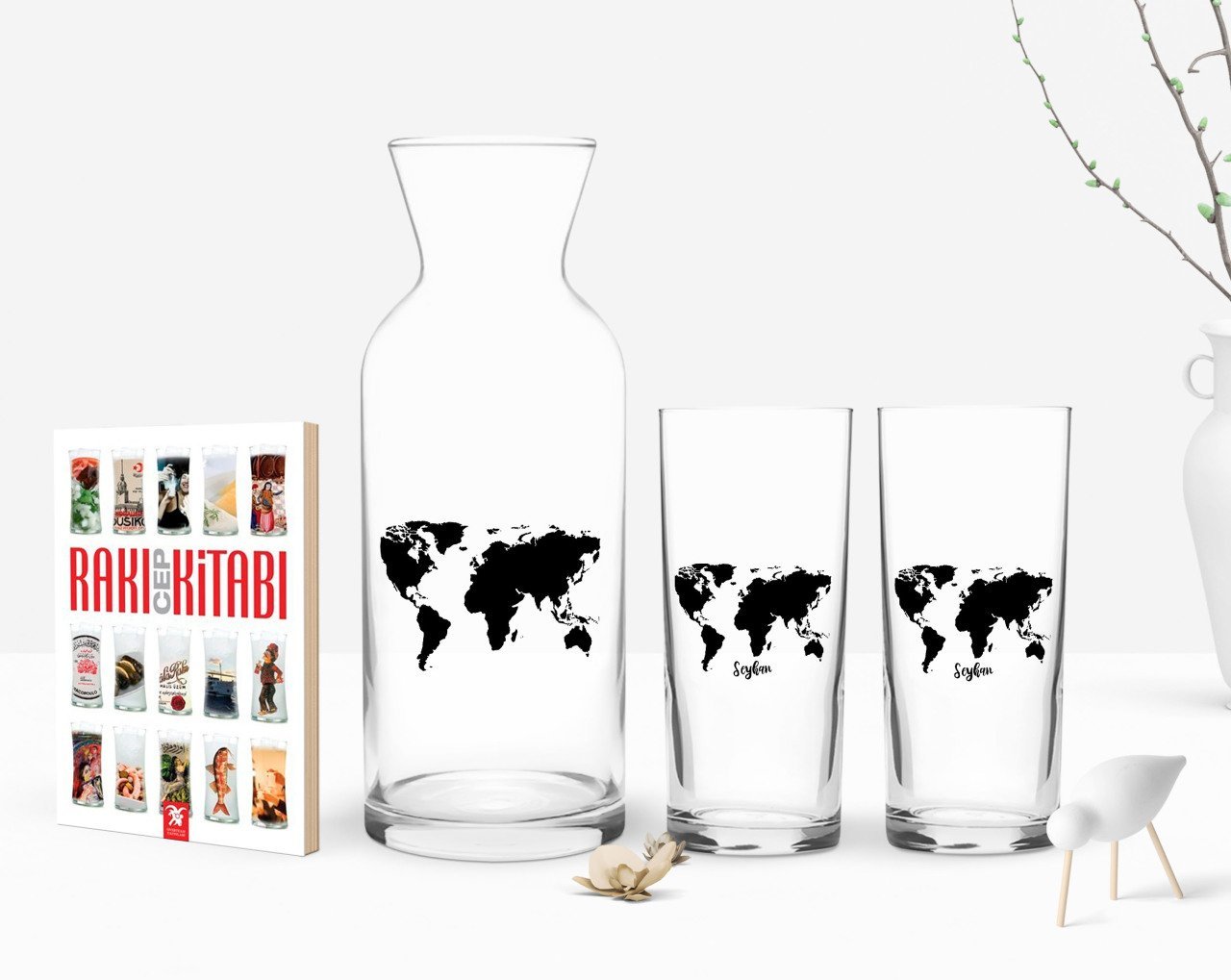 Kişiye Özel Renkli Baskılı Dünya Haritalı İkili Rakı Bardağı Karaf ve Cep Kitabı Hediye Seti-1