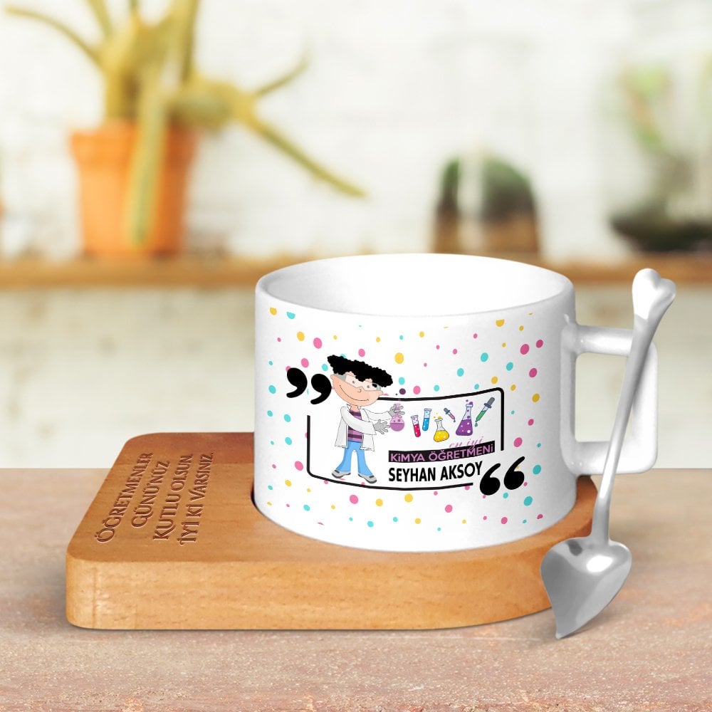 Kişiye Özel Kimya Öğretmeni Ahşap Altlıklı Seramik Fincan - 2