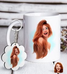 Kişiye Özel Kadın Animasyon Karikatürlü Beyaz Kupa ve Anahtarlık Hediye Seti-9