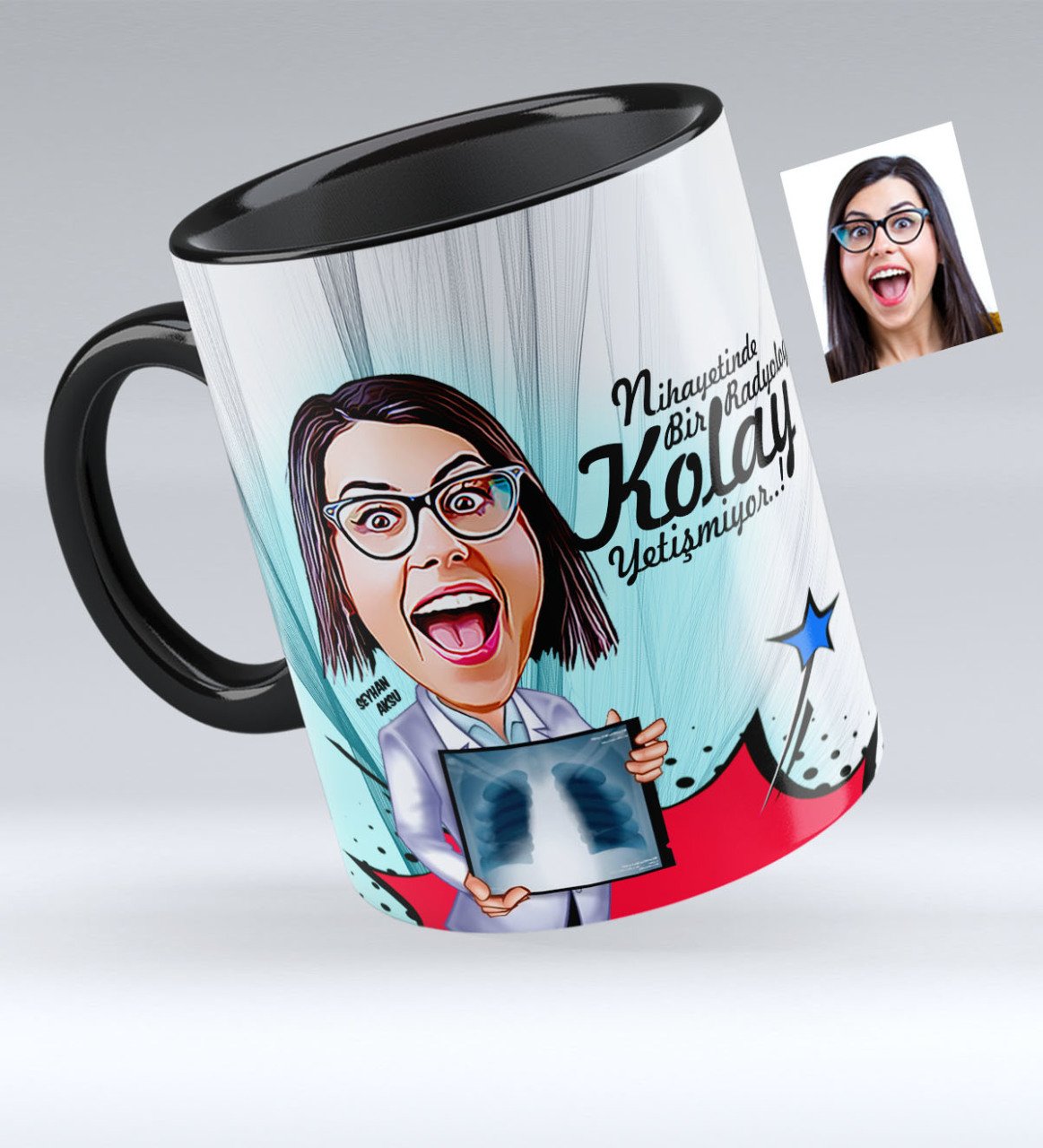 Kişiye Özel Bayan Radyoloji Uzmanı Karikatürlü Siyah Kupa Bardak - 1