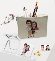 BK Gift Kişiye Özel Sevgililer Karikatürlü Keten Makyaj Çantası ve Ayna Seti, Sevgiliye Hediye, Sevgililer Günü Hediyesi, Doğum Günü Hediyesi-3