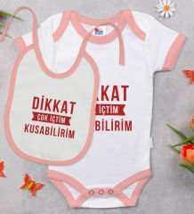 BK Kids Dikkat Çok İçtim Tasarımlı Pembe Bebek Body Zıbın ve Mama Önlüğü Hediye Seti-1