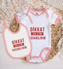 BK Kids Dikkat Çok İçtim Tasarımlı Pembe Bebek Body Zıbın ve Mama Önlüğü Hediye Seti-1