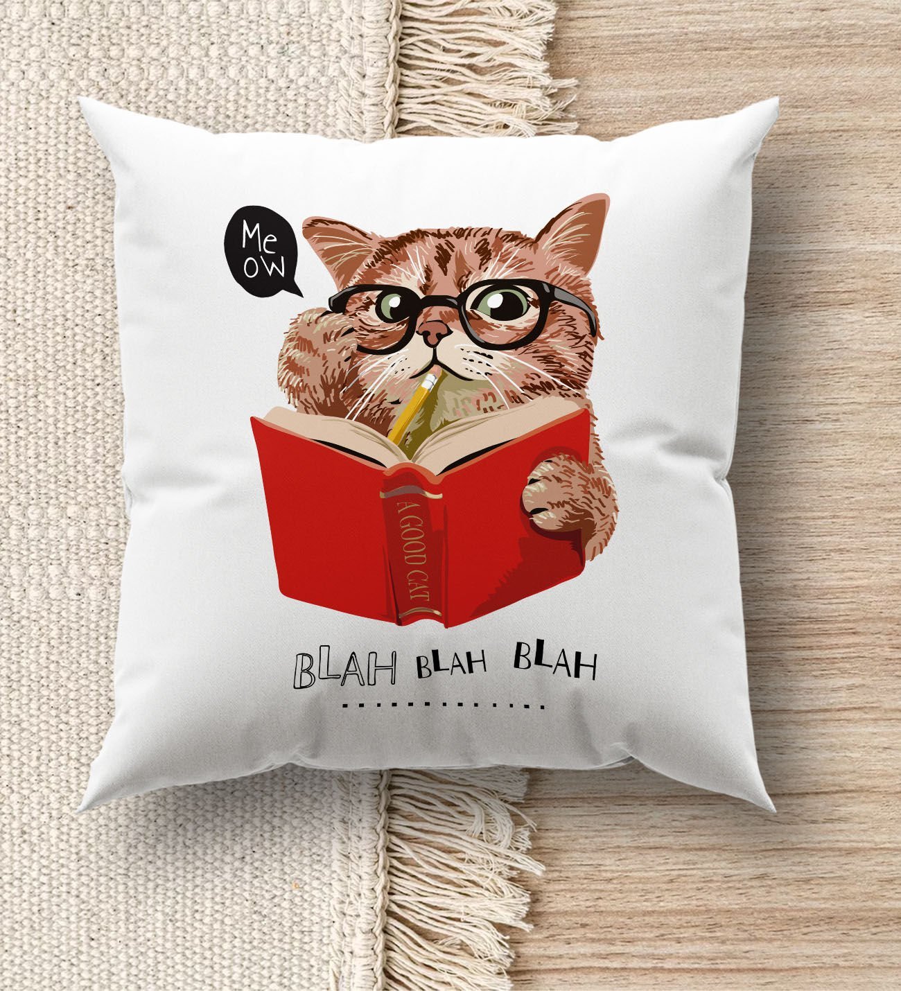 BK Gift Kedi Tasarımlı Beyaz Kırlent Yastık, Ev Hediyesi, Ev Dekorasyonu, Dekoratif Hediye-5