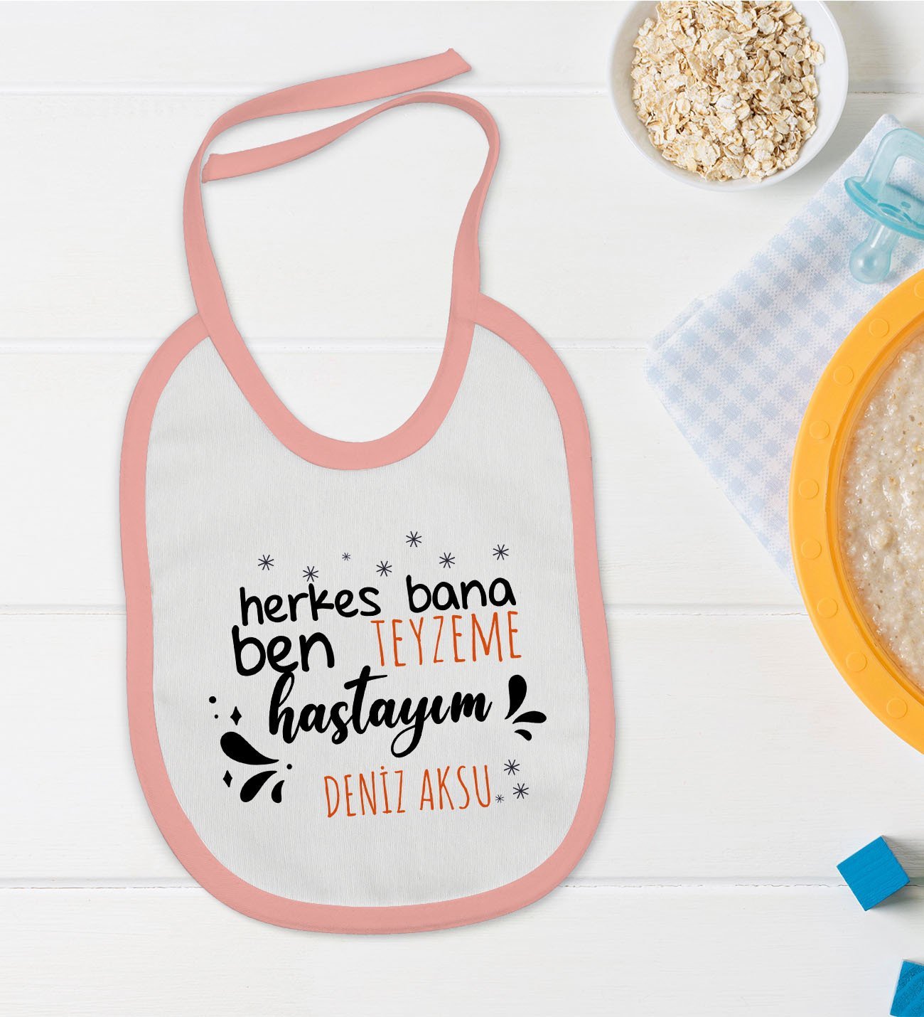 BK Kids Kişiye Özel Pembe Bebek Mama Önlüğü - Model 62