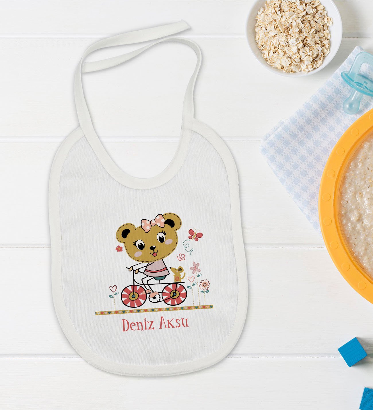 BK Kids Kişiye Özel Sevimli Ayı Tasarımlı Bebek Mama Önlüğü - Model 2