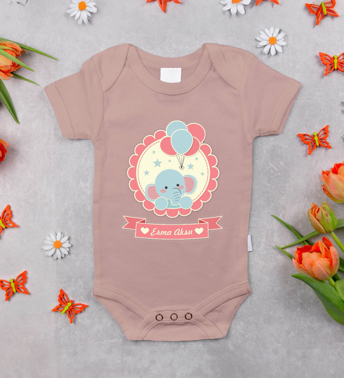 BK Kids Kişiye Özel İsimli Pembe %100 Pamuklu Kısa Kol Bebek Body Zıbın-3, Yeni Doğan Bebek Hediyesi