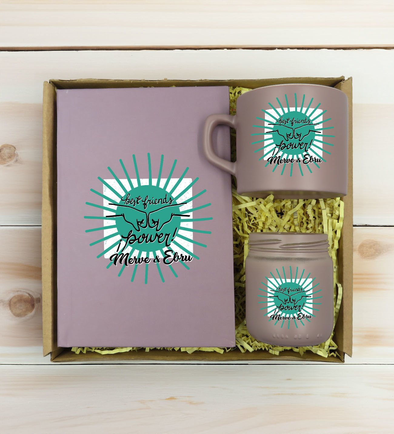 BK Gift Kişiye Özel İsimli DTF Best Friend Temalı Mat Gri Defter & Kahve Fincanı & Mum Hediye Seti-1, Arkadaşa Hediye, Doğum Günü Hediyesi