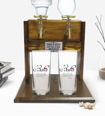 Kişiye Özel Renkli Baskılı Mâna Baba Tasarımlı İkili Rakı Bardağı ve Çift Musluklu Doğal Ahşap Rakı Standı-1