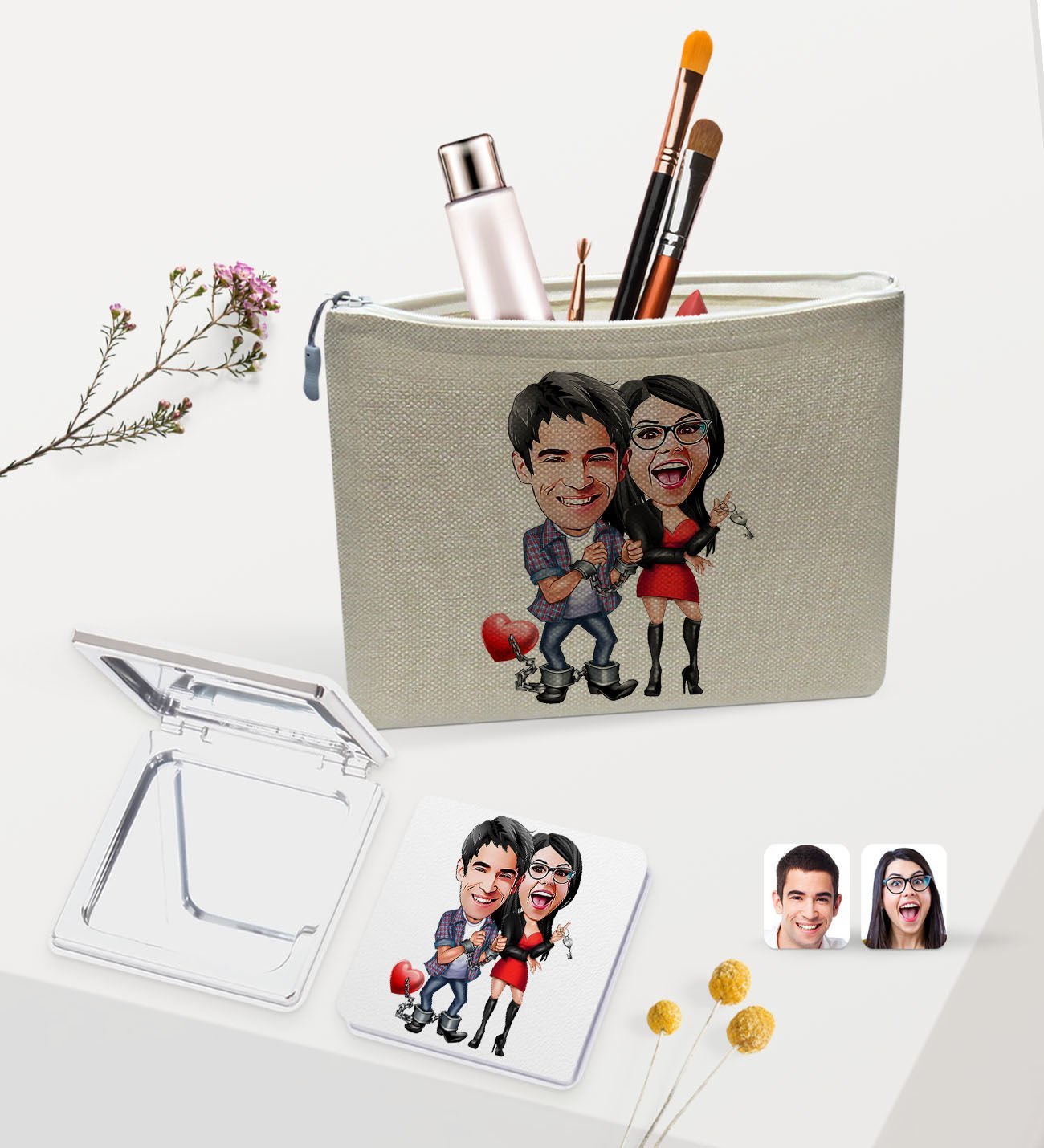 BK Gift Kişiye Özel Sevgililer Karikatürlü Keten Makyaj Çantası ve Ayna Seti, Sevgiliye Hediye, Sevgililer Günü Hediyesi, Doğum Günü Hediyesi-4