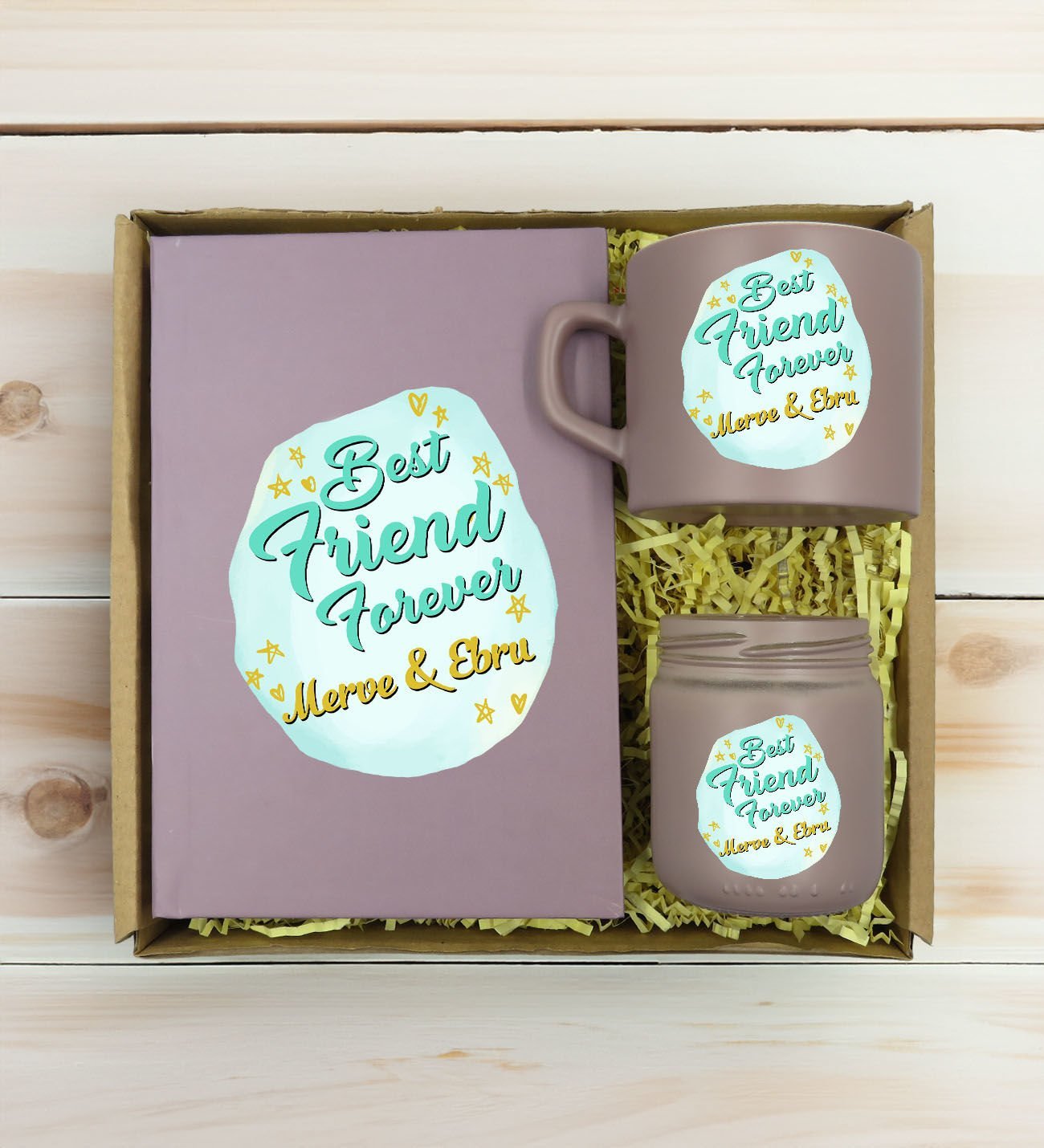 BK Gift Kişiye Özel İsimli DTF Best Friend Temalı Mat Gri Defter & Kahve Fincanı & Mum Hediye Seti-2, Arkadaşa Hediye, Doğum Günü Hediyesi
