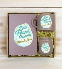 BK Gift Kişiye Özel İsimli DTF Best Friend Temalı Mat Gri Defter & Kahve Fincanı & Mum Hediye Seti-2, Arkadaşa Hediye, Doğum Günü Hediyesi