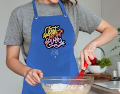 BK Gift Kişiye Özel İsimli Anneler Günü Tasarımlı Profesyonel Mavi Mutfak Önlüğü, Aşçı Önlüğü, Şef Önlüğü, Anneye Hediye-1