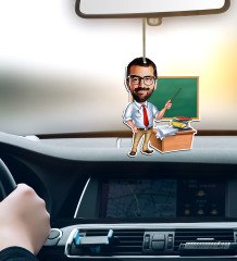 Kişiye Özel Bay Öğretmen Karikatürlü Ahşap Araba Dikiz Ayna Süsü