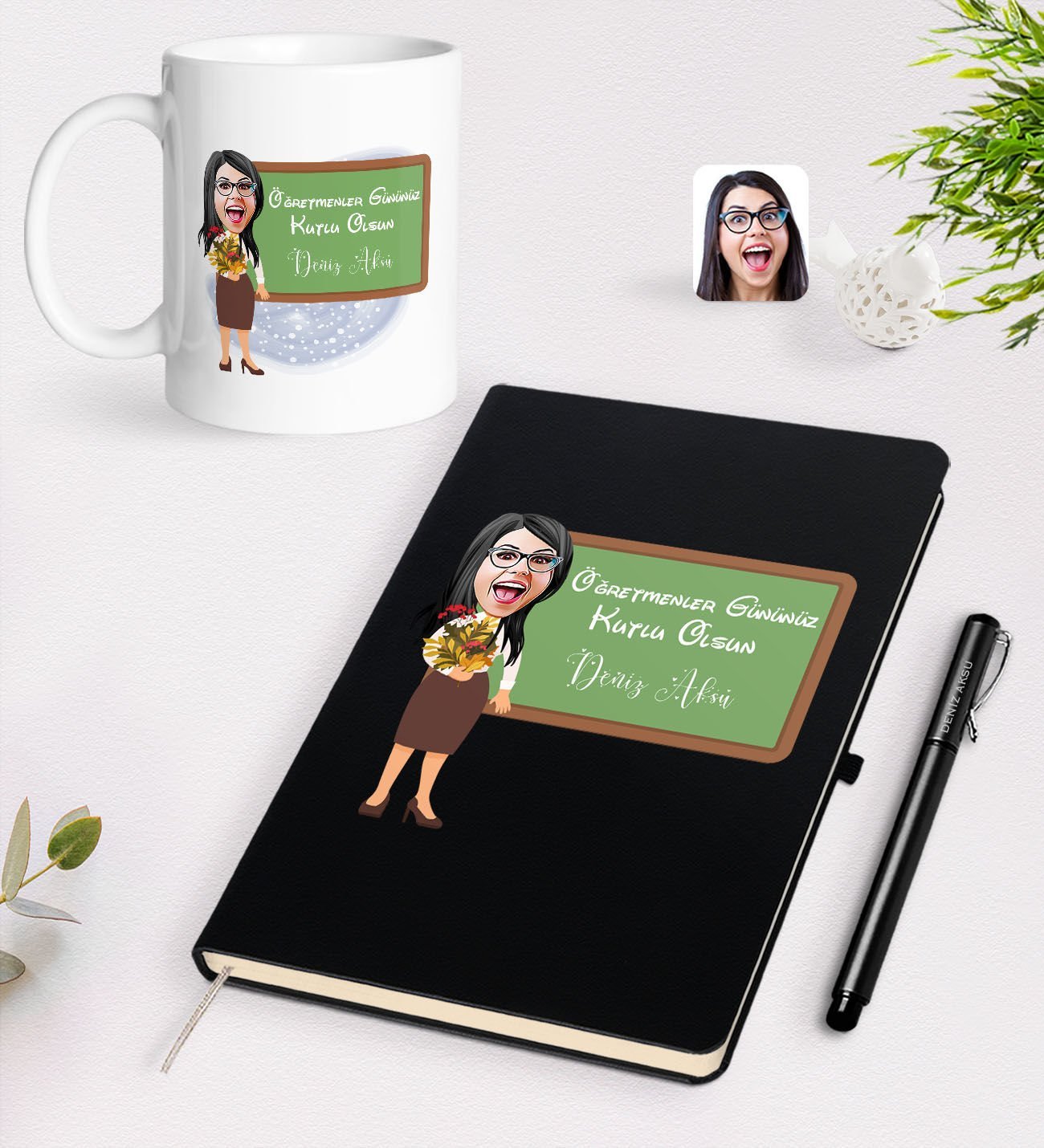 BK Gift Kişiye Özel Öğretmen Karikatürlü Siyah Defter Kalem Kupa Seti - 1
